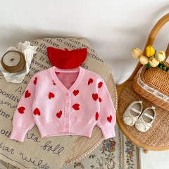 Adorable Pink Red Heart Pattern V-neck Knit Cardigan for Infant Toddler Girls Wholesale