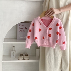Adorable Pink Red Heart Pattern V-neck Knit Cardigan for Infant Toddler Girls Wholesale