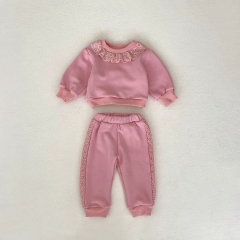 Sweet and Versatile Two-Piece Set: Round Neck Lace Trimmed Fleece Top and Pants for Baby Girls and Toddlers Wholesale