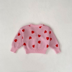 Adorable Pink Red Heart Pattern V-neck Knit Cardigan for Infant Toddler Girls Wholesale