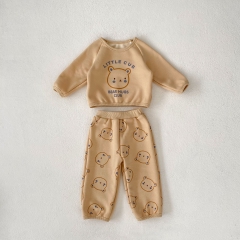 Unisex Baby Bear Printing Round Neck Pullover Top and Cartoon Long Pants Two-Piece Set for Infant Toddler Boys and Girls Wholesale