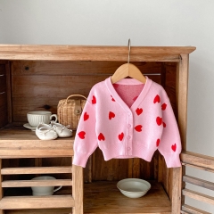 Adorable Pink Red Heart Pattern V-neck Knit Cardigan for Infant Toddler Girls Wholesale