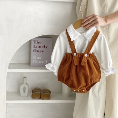 Adorable Toddler Girl Baby Set: Irregular Embroidered Collar Solid Color Top and Overall Romper Combo 2-Piece Set Wholesale
