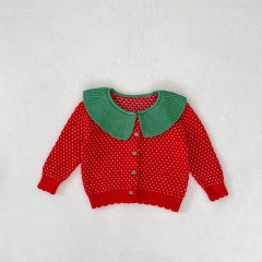 New Year Strawberry Long Sleeve Knit Cardigan for Girls - Pure Cotton Children's Open Front Sweater Wholesale