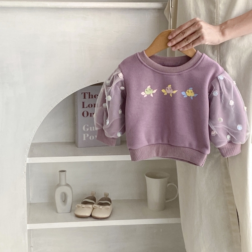 Baby Girl Infant Toddler Floral Cutout Mesh Long Sleeve Fleece Pullover Sweatshirt Wholesale