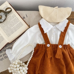 Adorable Toddler Girl Baby Set: Irregular Embroidered Collar Solid Color Top and Overall Romper Combo 2-Piece Set Wholesale