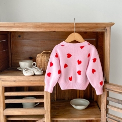 Adorable Pink Red Heart Pattern V-neck Knit Cardigan for Infant Toddler Girls Wholesale
