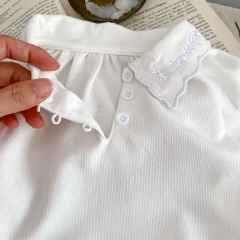 Adorable Toddler Girl Baby Set: Irregular Embroidered Collar Solid Color Top and Overall Romper Combo 2-Piece Set Wholesale