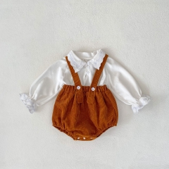 Adorable Toddler Girl Baby Set: Irregular Embroidered Collar Solid Color Top and Overall Romper Combo 2-Piece Set Wholesale