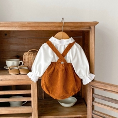 Adorable Toddler Girl Baby Set: Irregular Embroidered Collar Solid Color Top and Overall Romper Combo 2-Piece Set Wholesale