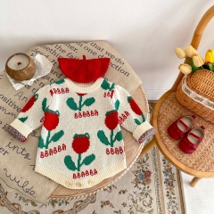 New Spring Infant Baby Girl Jacquard Knitting Long Sleeve One Piece Wholesale