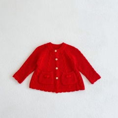 2024 New Year Red Knitting Long Sleeve Knit Cardigan Combo Two Pockets Knitwear In New Spring Wholesale