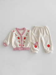 Baby Girs Jacquard Embroidery V-collors Long-sleeved In Sets In New Spring&Autumn Wholesale