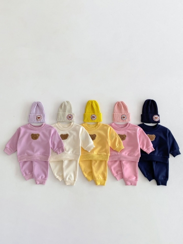 New Arrivals Baby Unisex Bear Head Embroidery Long-sleeved Combo Pants In Sets In Spring&Autumn Wholesale