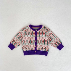 2024 New Spring&Autumn Infant Baby Girls Jacquard Knitting Cardigan Combo Overalls In Sets Wholesale