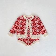 2024 New Year Infant Baby Girls Red Grid Knitting Cardigan Combo Overalls In Sets Wholesale