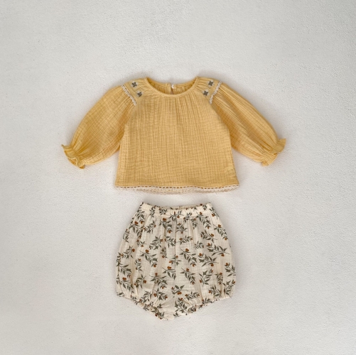 2024 New Arrivals Infant Baby Girls Yellow Round-collars Long-sleeved Combo Jacquard Short Pants In Sets Wholesale