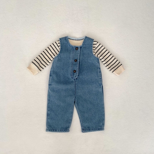 2024 New Spring Baby Unisex  Long-sleeved Strips Tops Combo Cowboy Overalls In Sets Wholesale