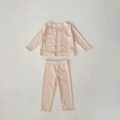 Ins 2024 Infant Baby Girls Solid Colors Long-sleeved Combo Jacquard Short Pants In Sets Wholesale