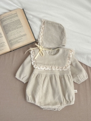 2024 Infant Baby Girls Laces Collars Solid Color Corduroy Long Sleeve One Piece In New Spring Wholesale