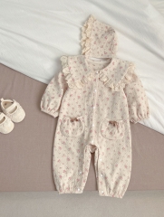 Infant Baby Girls Jacquard With Two Pockets Combo Laces Collars Long Sleeve Jumpsuit In New Spring Wholesale