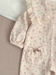 Infant Baby Girls Jacquard With Two Pockets Combo Laces Collars Long Sleeve Jumpsuit In New Spring Wholesale