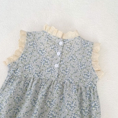 Infant Baby Girls Floral Combo Laces Crewneck Sleeveless One Piece In Summer Wholesale