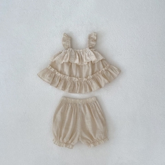 2024 Infant Baby Girls Laces Solid Color Crewneck Sleeveless Tops With Shorts Sets In Summer Wholesale