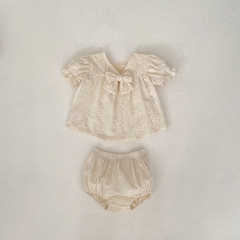 2024 New Summer Ins Infant Baby Girls Big Bowknot  Tops With Shorts Sets Wholesale