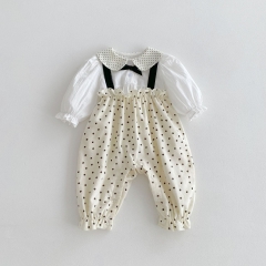 2024 New Arrivals Infant Baby White Undershirt Combo Polka Dot Overalls In Sets Wholesale