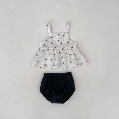 2024 New Summer Infant Baby Girls Polka Dot Combo Floral Crewneck Sleeveless Tops With Shorts Sets Wholesale