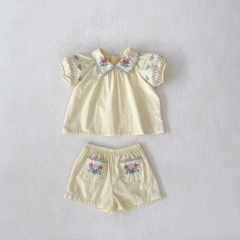 2024 New Summer Infant Baby Girls Jacquard Embroidery Tops With Shorts Sets Wholesale