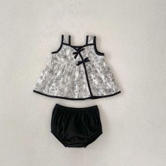 2024 New Summer Infant Baby Girls Chinese Style Crewneck Sleeveless Tops With Shorts Sets Wholesale