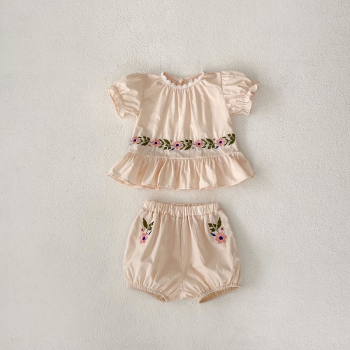 New Arrivals  Infant Baby Girls Jacquard Embroidery Combo Round-collars Tops With Shorts Sets Wholesale