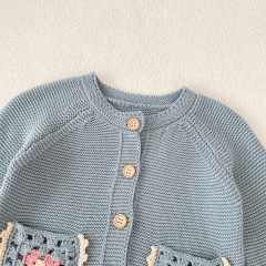 New Autumn Infant Baby Girls Flowers Pattern Hollow-Out Pockets Long Sleeves Single Breasted Knit Cardigan Wholesale