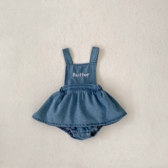 Infant Baby Girls Denim Letters Pattern One Piece Overalls Onesies Dress In Autumn Wholesale