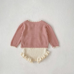 2024 Autumn Infant Baby Girls Cute Wave Trim Design Long Sleeves Pink Cardigan With Onesies Sets Wholesale