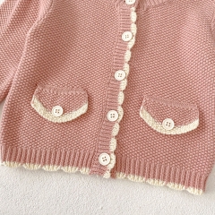 2024 Autumn Infant Baby Girls Cute Wave Trim Design Long Sleeves Pink Cardigan With Onesies Sets Wholesale
