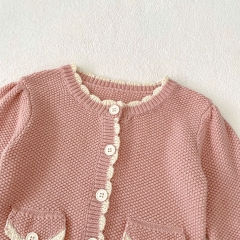 2024 Autumn Infant Baby Girls Cute Wave Trim Design Long Sleeves Pink Cardigan With Onesies Sets Wholesale