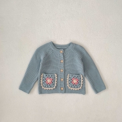 New Autumn Infant Baby Girls Flowers Pattern Hollow-Out Pockets Long Sleeves Single Breasted Knit Cardigan Wholesale