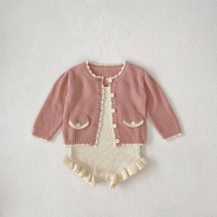2024 Autumn Infant Baby Girls Cute Wave Trim Design Long Sleeves Pink Cardigan With Onesies Sets Wholesale