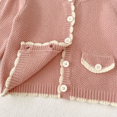 2024 Autumn Infant Baby Girls Cute Wave Trim Design Long Sleeves Pink Cardigan With Onesies Sets Wholesale