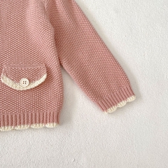 2024 Autumn Infant Baby Girls Cute Wave Trim Design Long Sleeves Pink Cardigan With Onesies Sets Wholesale