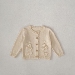 New Autumn Infant Baby Girls 3D Flowers Pattern Embroidery Long Sleeves Single Breasted Knit Cardigan Wholesale