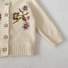 New Autumn Infant Baby Girls Big Flowers Pattern Embroidery Long Sleeves Single Breasted Knit Cardigan Wholesale
