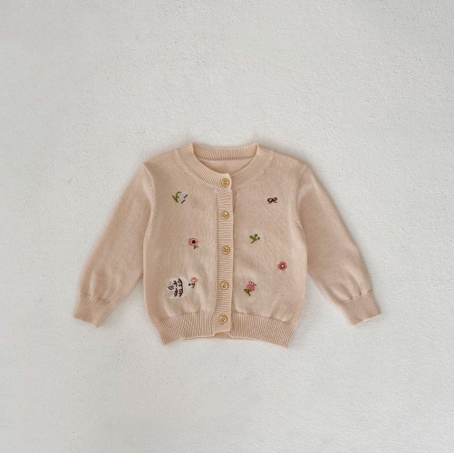 New Autumn Infant Baby Girls Tiny Flowers Pattern Embroidery Long Sleeves Single Breasted Knit Cardigan Wholesale