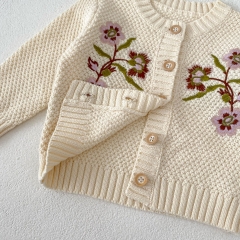 New Autumn Infant Baby Girls Big Flowers Pattern Embroidery Long Sleeves Single Breasted Knit Cardigan Wholesale