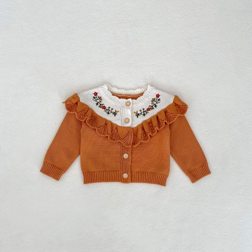 New Autumn Infant Baby Girls Flowers Pattern Embroidery and Ruffle Design Long Sleeves Single Breasted Knit Cardigan Wholesale