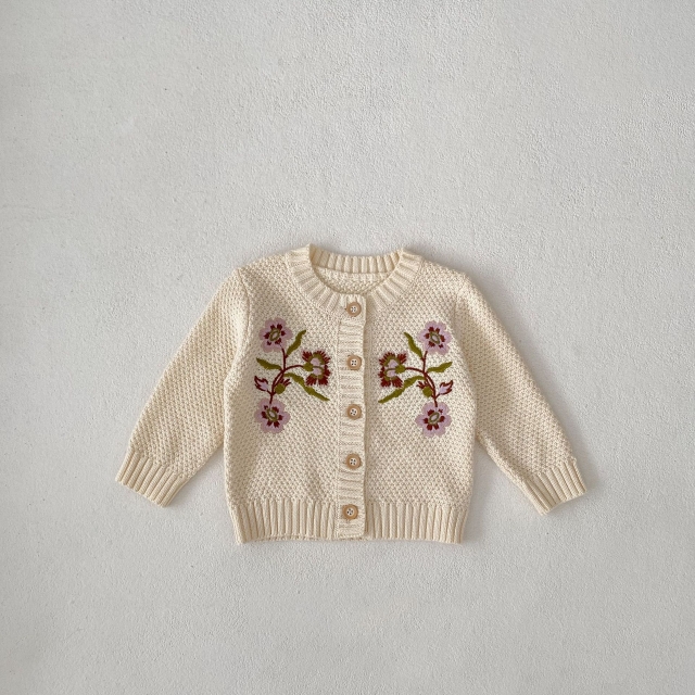 New Autumn Infant Baby Girls Big Flowers Pattern Embroidery Long Sleeves Single Breasted Knit Cardigan Wholesale