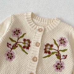 New Autumn Infant Baby Girls Big Flowers Pattern Embroidery Long Sleeves Single Breasted Knit Cardigan Wholesale